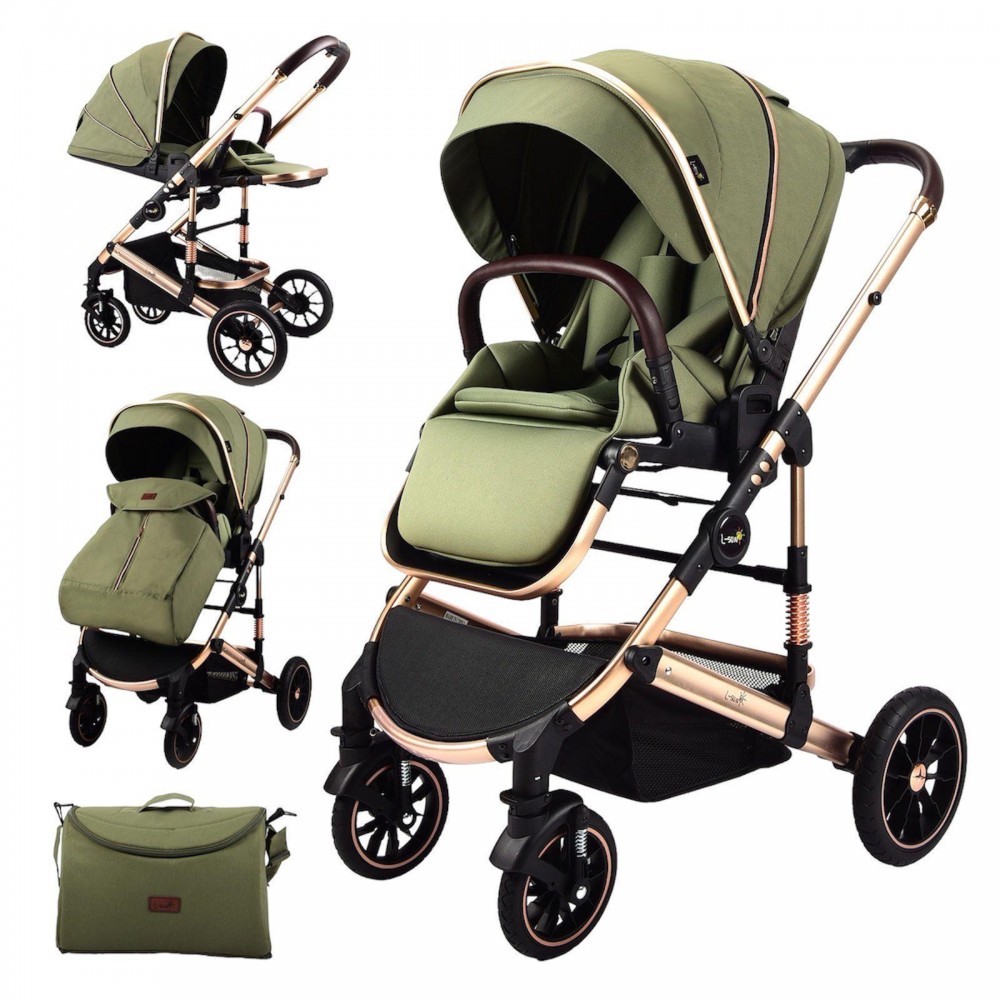 Carucior 2 in 1 transformabil, 0-36 luni, Cu suspensii, Maner reversibil, Pozitie de somn si sezut, colectia de lux, F3-Verde