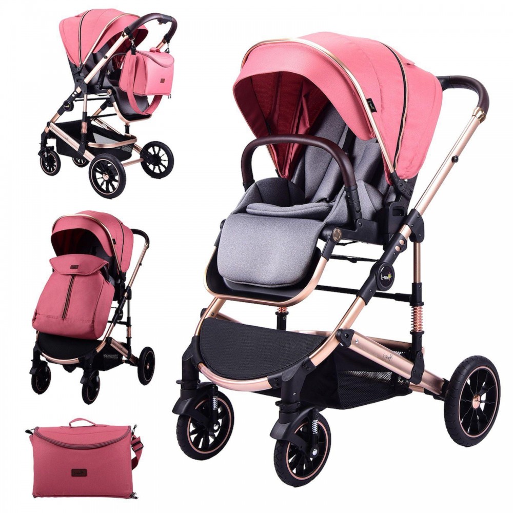 Carucior 2 in 1 transformabil, 0-36 luni, Cu suspensii, Maner reversibil, Pozitie de somn si sezut, colectia de lux, F3-Roz