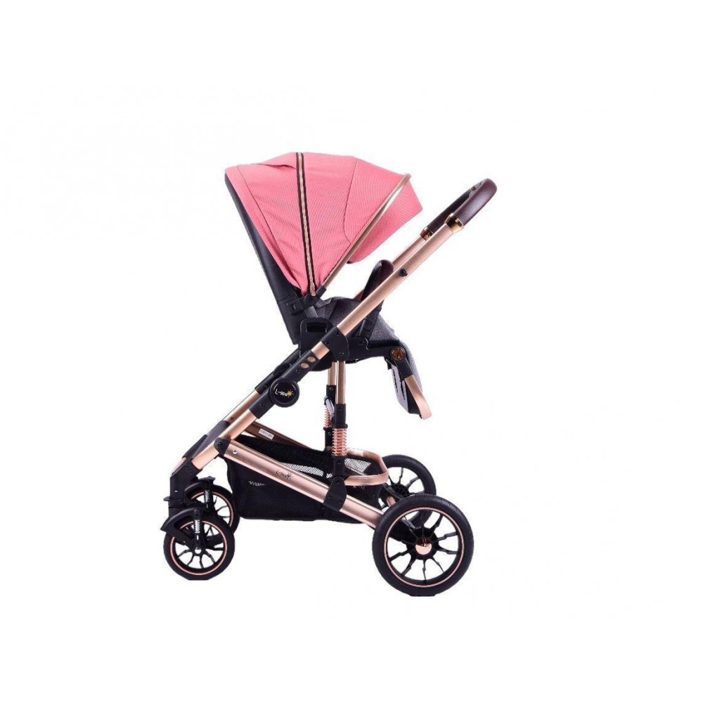 Carucior 2 in 1 transformabil, 0-36 luni, Cu suspensii, Maner reversibil, Pozitie de somn si sezut, colectia de lux, F3-Roz