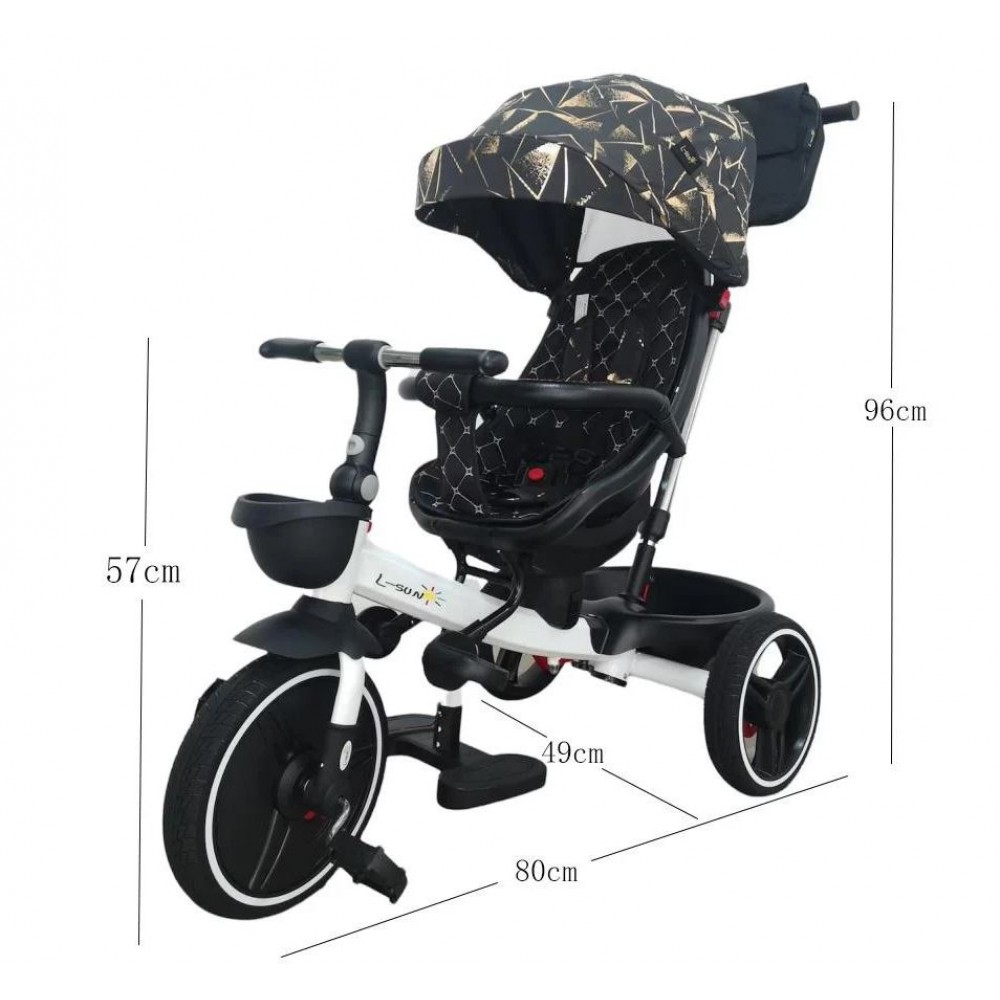 Tricicleta pliabila cu muzica si lumini, cu pozitie de somn si scaun reversibil, Varsta 8 luni+, SL01-Negru/Auriu