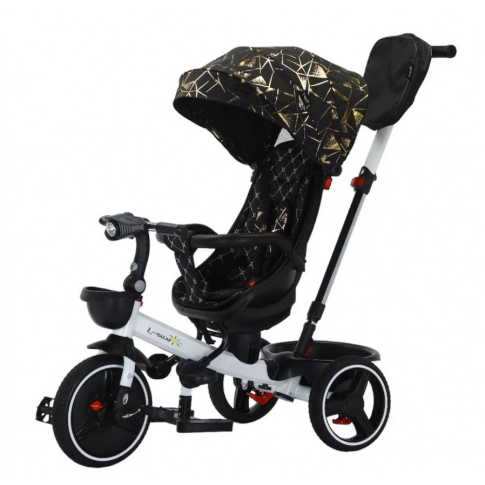Tricicleta pliabila cu muzica si lumini, cu pozitie de somn si scaun reversibil, Varsta 8 luni+, SL01-Negru/Auriu