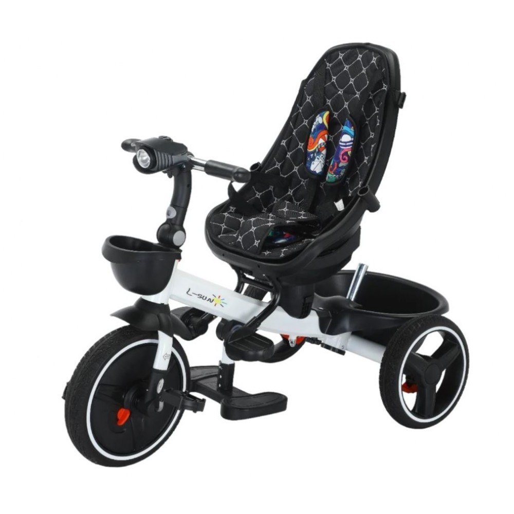 Tricicleta pliabila cu muzica si lumini, cu pozitie de somn si scaun reversibil, Varsta 8 luni+, SL01-Negru/Auriu