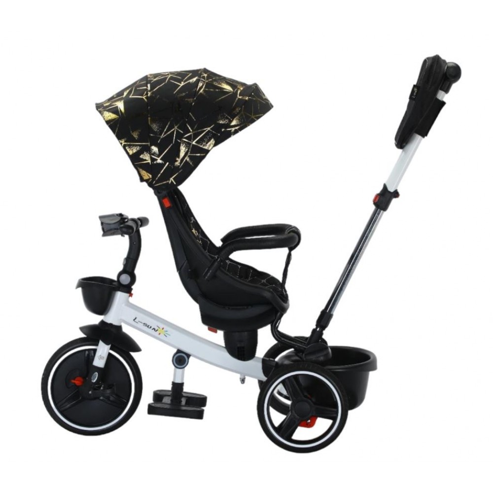 Tricicleta pliabila cu muzica si lumini, cu pozitie de somn si scaun reversibil, Varsta 8 luni+, SL01-Negru/Auriu