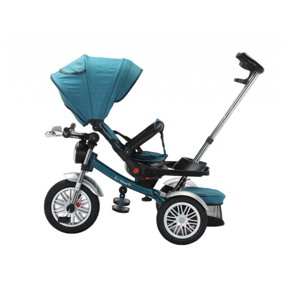 Tricicleta cu scaun reversibil tip moto cu far, pozitie de somn si scaun rotativ, 6-36 luni, lumini si muzica, SL03-Turcoaz