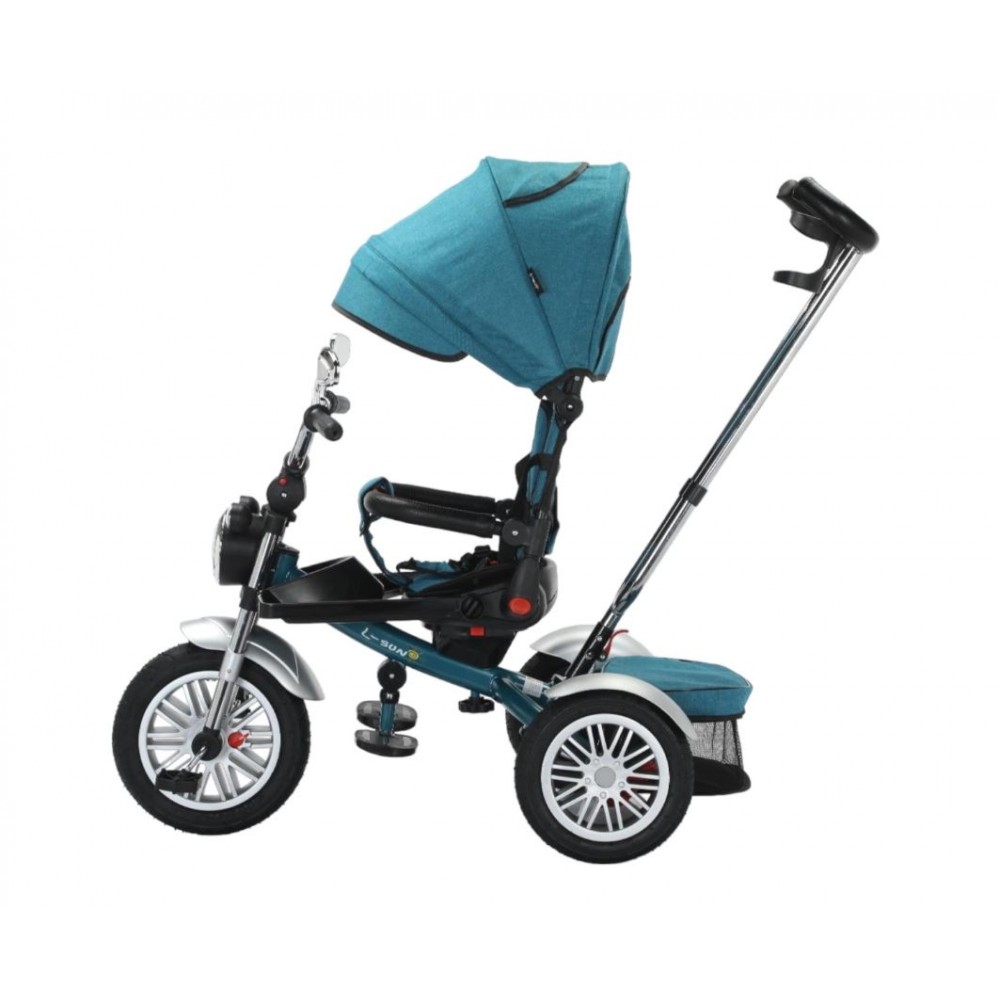 Tricicleta cu scaun reversibil tip moto cu far, pozitie de somn si scaun rotativ, 6-36 luni, lumini si muzica, SL03-Turcoaz