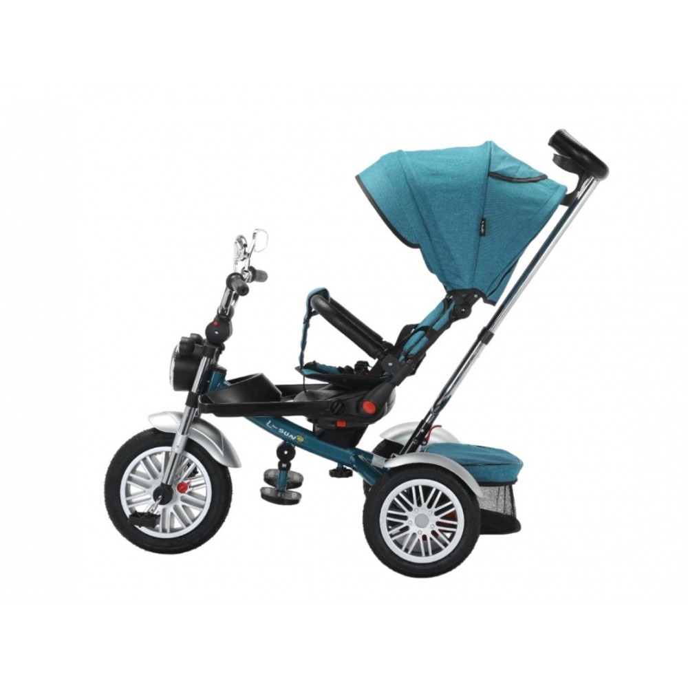 Tricicleta cu scaun reversibil tip moto cu far, pozitie de somn si scaun rotativ, 6-36 luni, lumini si muzica, SL03-Turcoaz