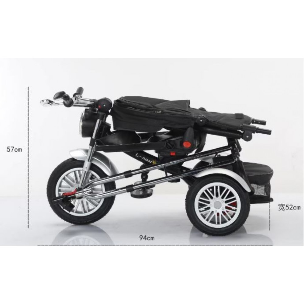 Tricicleta cu scaun reversibil tip moto cu far, pozitie de somn si scaun rotativ, 6-36 luni, lumini si muzica, SL03-Turcoaz