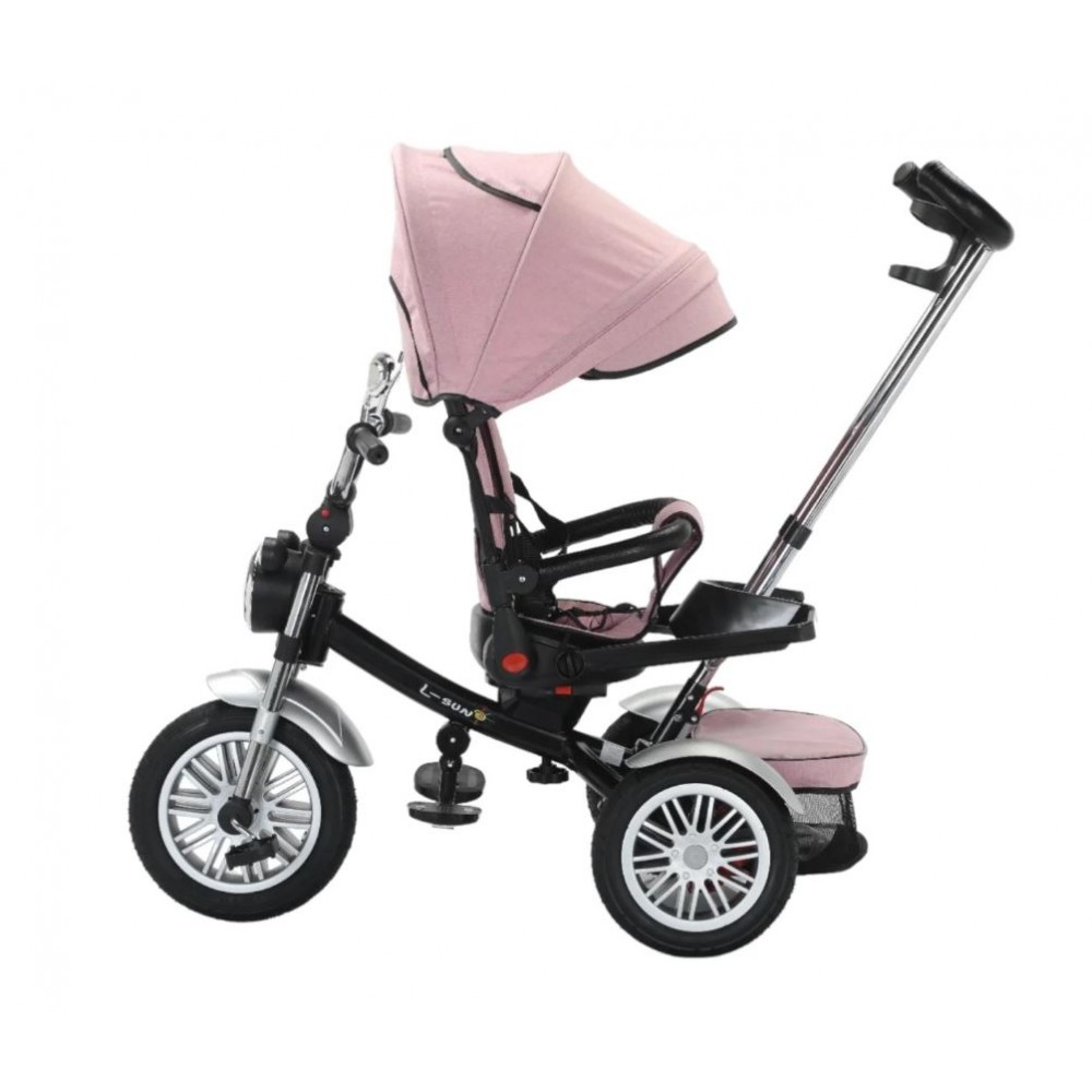 Tricicleta cu scaun reversibil tip moto cu far, pozitie de somn si scaun rotativ, 6-36 luni, lumini si muzica, SL03-Roz