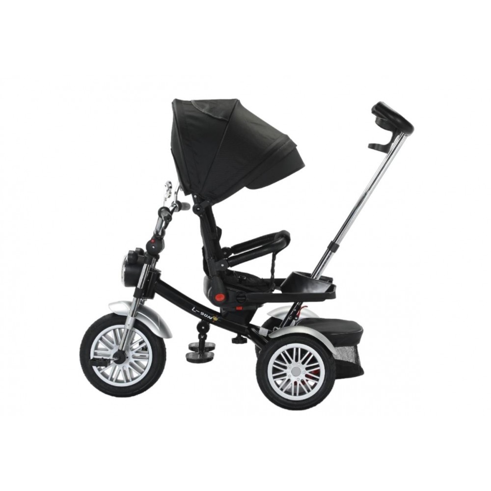 Tricicleta cu scaun reversibil tip moto cu far, pozitie de somn si scaun rotativ, 6-36 luni, lumini si muzica, SL03-Negru