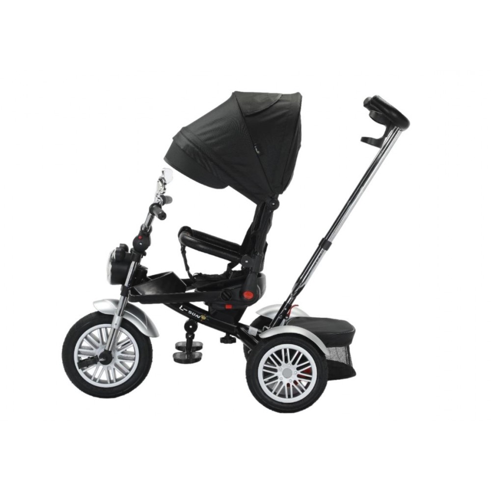 Tricicleta cu scaun reversibil tip moto cu far, pozitie de somn si scaun rotativ, 6-36 luni, lumini si muzica, SL03-Negru
