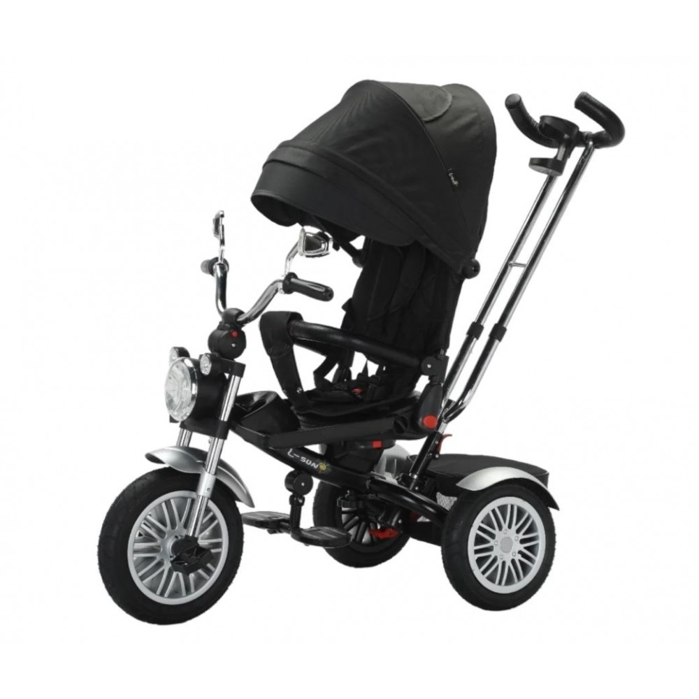 Tricicleta cu scaun reversibil tip moto cu far, pozitie de somn si scaun rotativ, 6-36 luni, lumini si muzica, SL03-Negru
