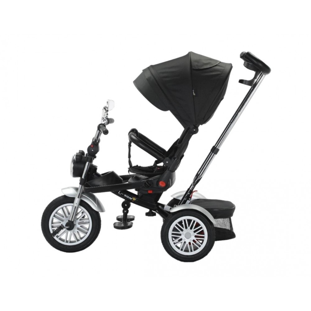 Tricicleta cu scaun reversibil tip moto cu far, pozitie de somn si scaun rotativ, 6-36 luni, lumini si muzica, SL03-Negru