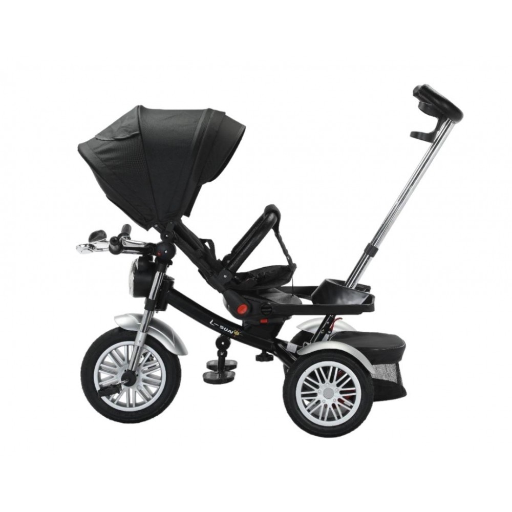 Tricicleta cu scaun reversibil tip moto cu far, pozitie de somn si scaun rotativ, 6-36 luni, lumini si muzica, SL03-Negru