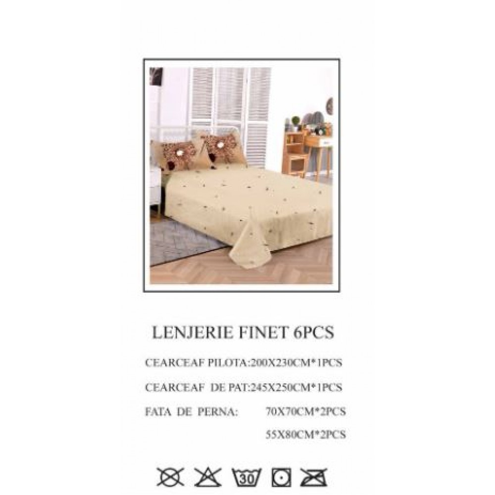 Set Lenjerie Eleganta pentru pat dublu din Bumbac Finet compus din 6 piese, Cearceaf de pat 245x250cm, PW-780