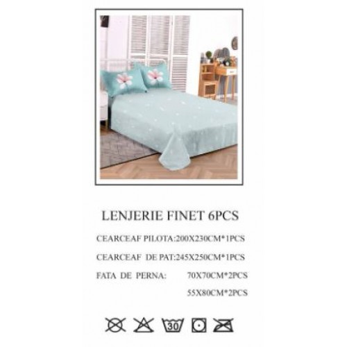 Set Lenjerie Eleganta pentru pat dublu din Bumbac Finet compus din 6 piese, Cearceaf de pat 245x250cm, PW-747