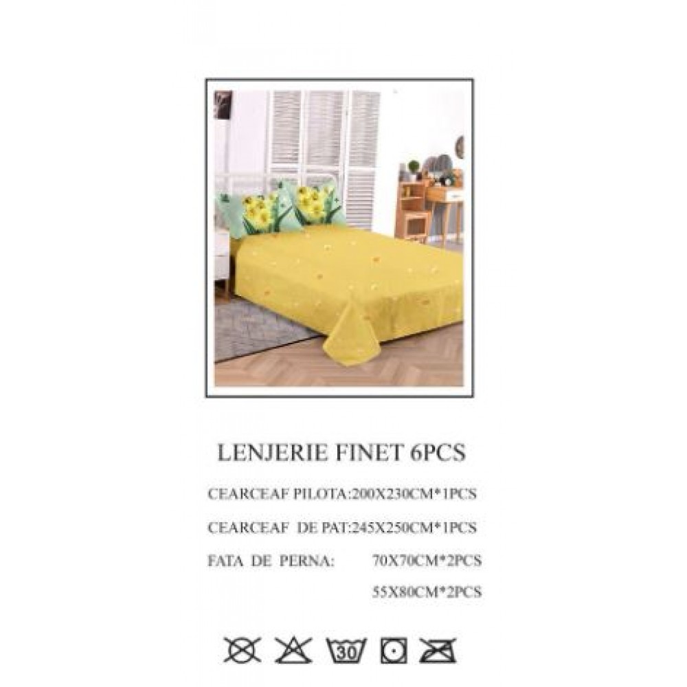 Set Lenjerie Eleganta pentru pat dublu din Bumbac Finet compus din 6 piese, Cearceaf de pat 245x250cm, PW-783