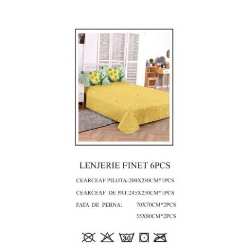 Set Lenjerie Eleganta pentru pat dublu din Bumbac Finet compus din 6 piese, Cearceaf de pat 245x250cm, PW-783