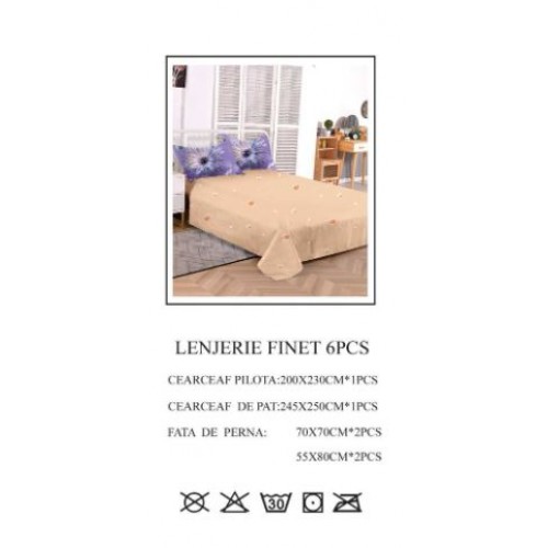 Set Lenjerie Eleganta pentru pat dublu din Bumbac Finet compus din 6 piese, Cearceaf de pat 245x250cm, PW-787