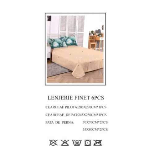 Set Lenjerie Eleganta pentru pat dublu din Bumbac Finet compus din 6 piese, Cearceaf de pat 245x250cm, PW-793