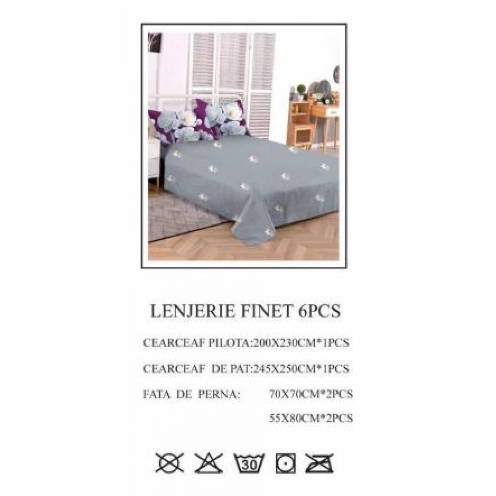 Set Lenjerie Eleganta pentru pat dublu din Bumbac Finet compus din 6 piese, Cearceaf de pat 245x250cm, PW-755