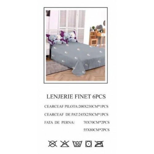 Set Lenjerie Eleganta pentru pat dublu din Bumbac Finet compus din 6 piese, Cearceaf de pat 245x250cm, PW-755