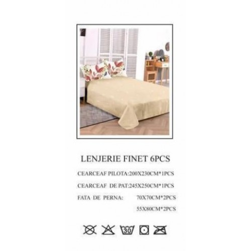 Set Lenjerie Eleganta pentru pat dublu din Bumbac Finet compus din 6 piese, Cearceaf de pat 245x250cm, PW-749