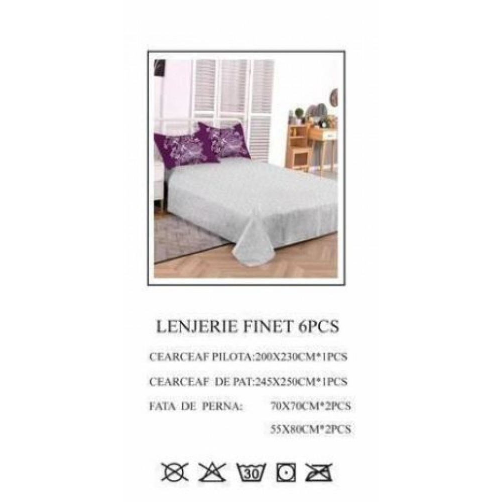 Set Lenjerie Eleganta pentru pat dublu din Bumbac Finet compus din 6 piese, Cearceaf de pat 245x250cm, PW-727