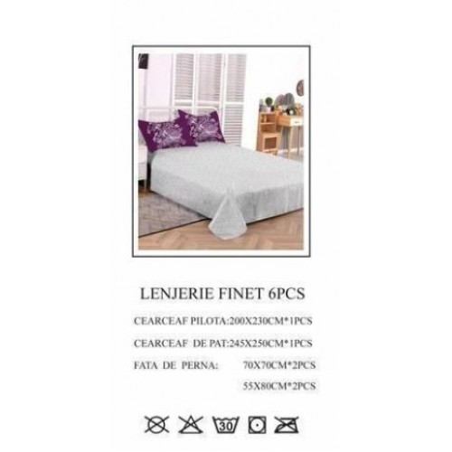 Set Lenjerie Eleganta pentru pat dublu din Bumbac Finet compus din 6 piese, Cearceaf de pat 245x250cm, PW-727