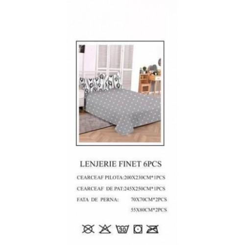 Set Lenjerie Eleganta pentru pat dublu din Bumbac Finet compus din 6 piese, Cearceaf de pat 245x250cm, PW-680