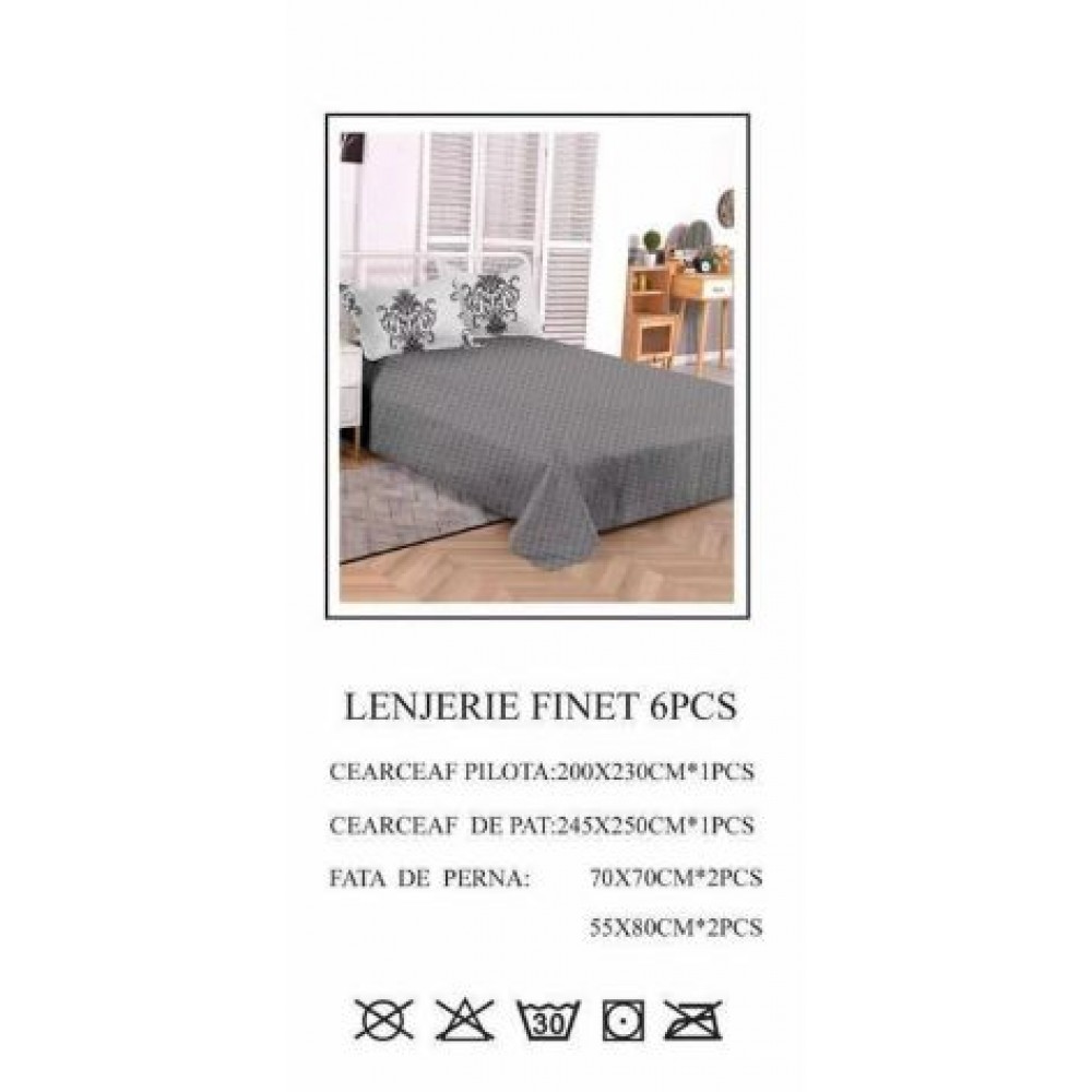 Set Lenjerie Eleganta pentru pat dublu din Bumbac Finet compus din 6 piese, Cearceaf de pat 245x250cm, PW-744