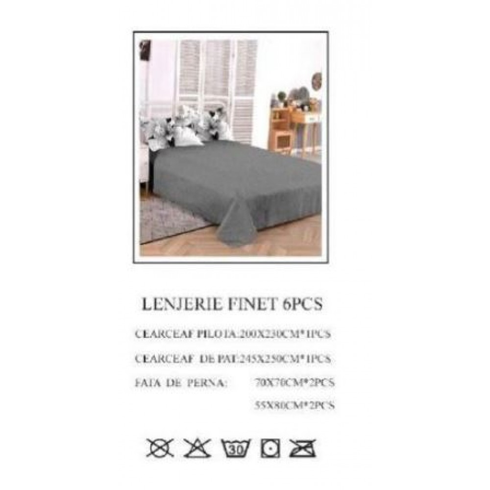 Set Lenjerie Eleganta pentru pat dublu din Bumbac Finet compus din 6 piese, Cearceaf de pat 245x250cm, PW-700