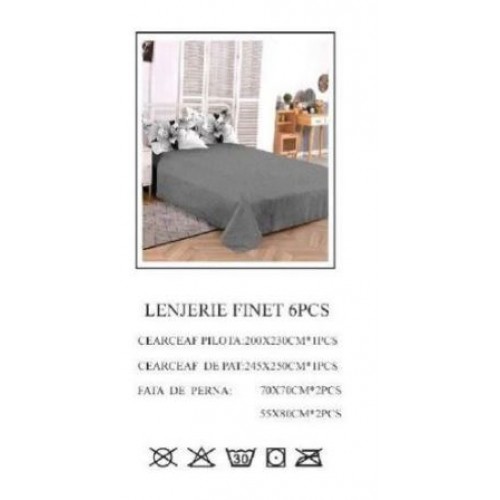 Set Lenjerie Eleganta pentru pat dublu din Bumbac Finet compus din 6 piese, Cearceaf de pat 245x250cm, PW-700