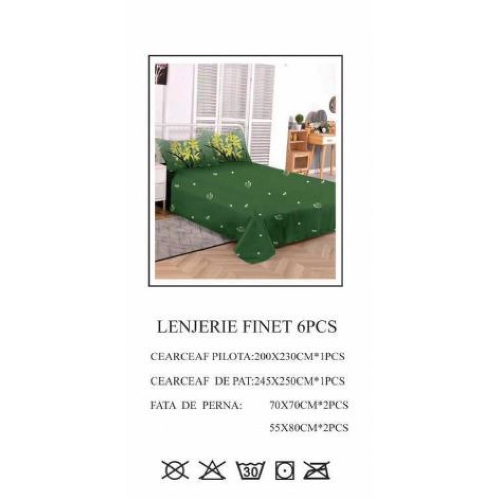 Set Lenjerie Eleganta pentru pat dublu din Bumbac Finet compus din 6 piese, Cearceaf de pat 245x250cm, PW-788