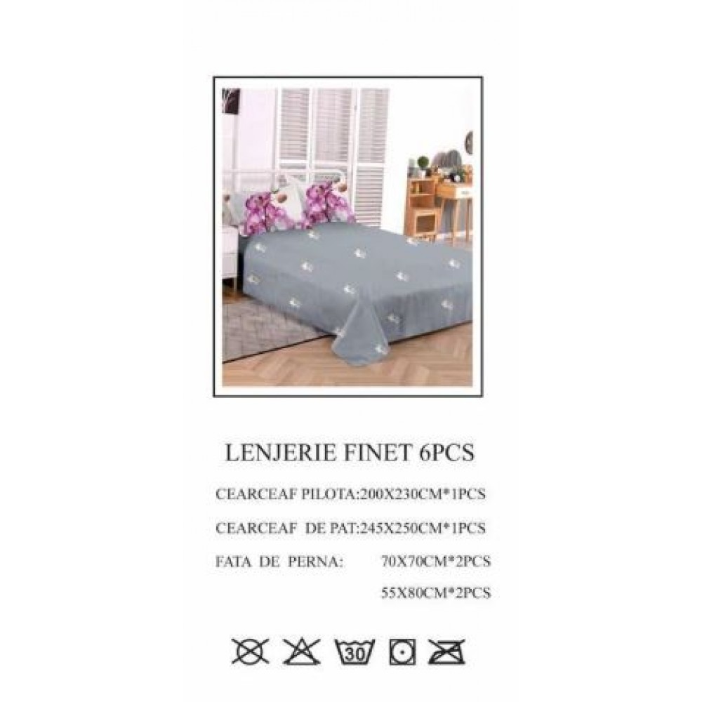 Set Lenjerie Eleganta pentru pat dublu din Bumbac Finet compus din 6 piese, Cearceaf de pat 245x250cm, PW-754