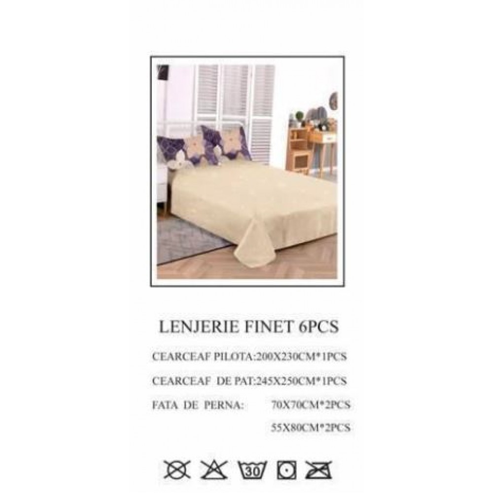 Set Lenjerie Eleganta pentru pat dublu din Bumbac Finet compus din 6 piese, Cearceaf de pat 245x250cm, PW-748