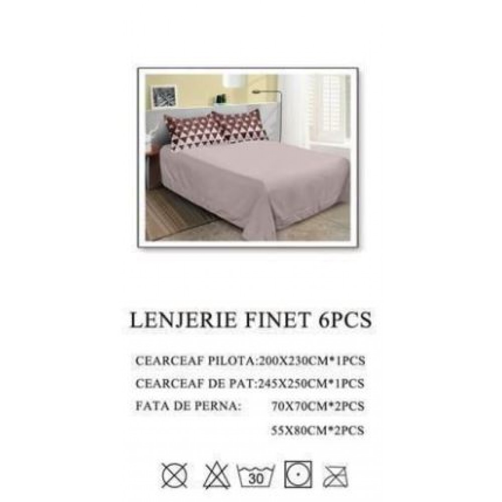 Set Lenjerie Eleganta pentru pat dublu din Bumbac Finet compus din 6 piese, Cearceaf de pat 245x250cm, PW-951