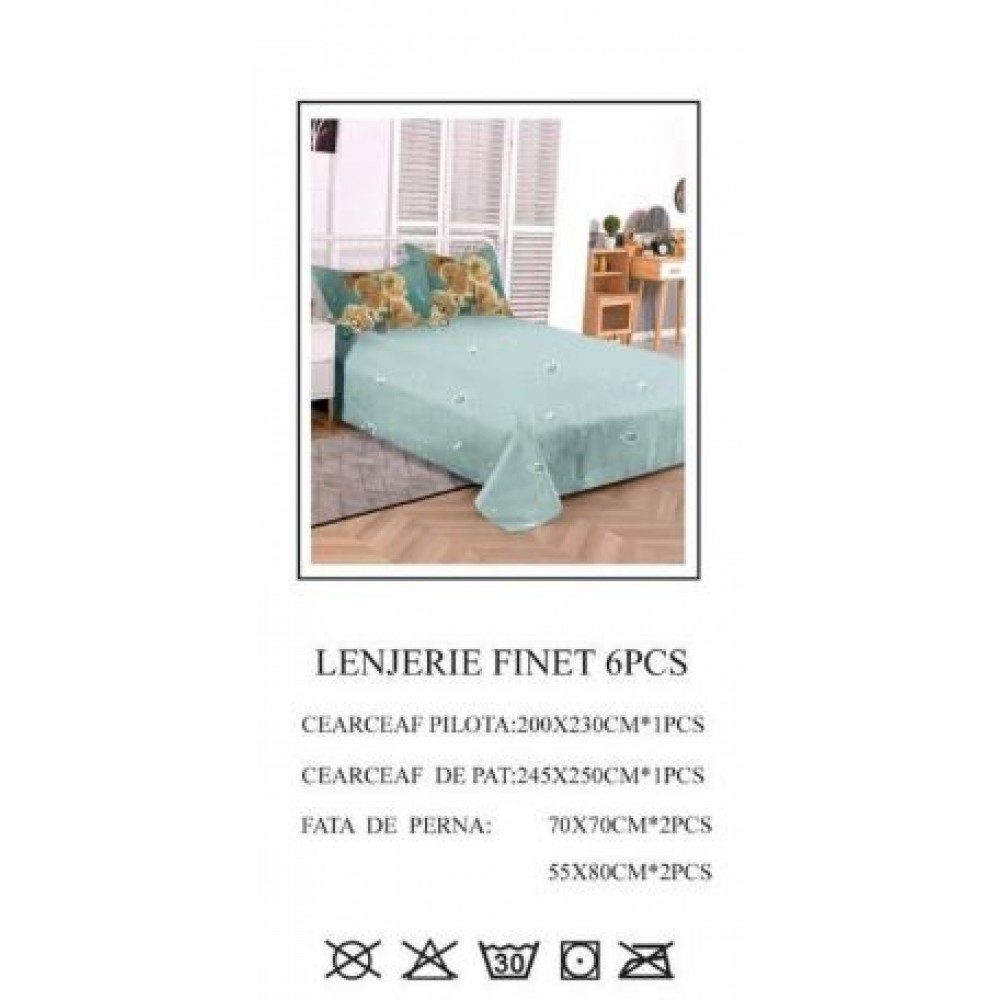 Set Lenjerie Eleganta pentru pat dublu din Bumbac Finet compus din 6 piese, Cearceaf de pat 245x250cm, PW-757