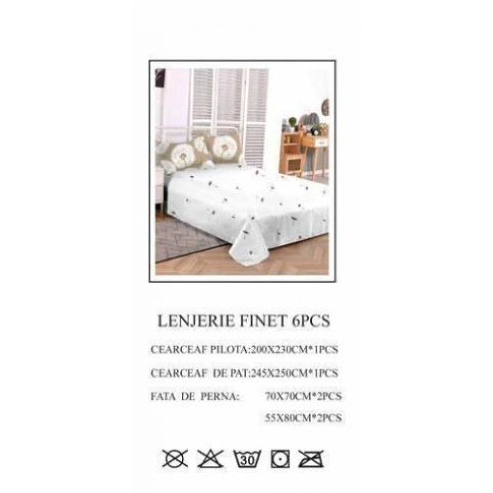 Set Lenjerie Eleganta pentru pat dublu din Bumbac Finet compus din 6 piese, Cearceaf de pat 245x250cm, PW-685
