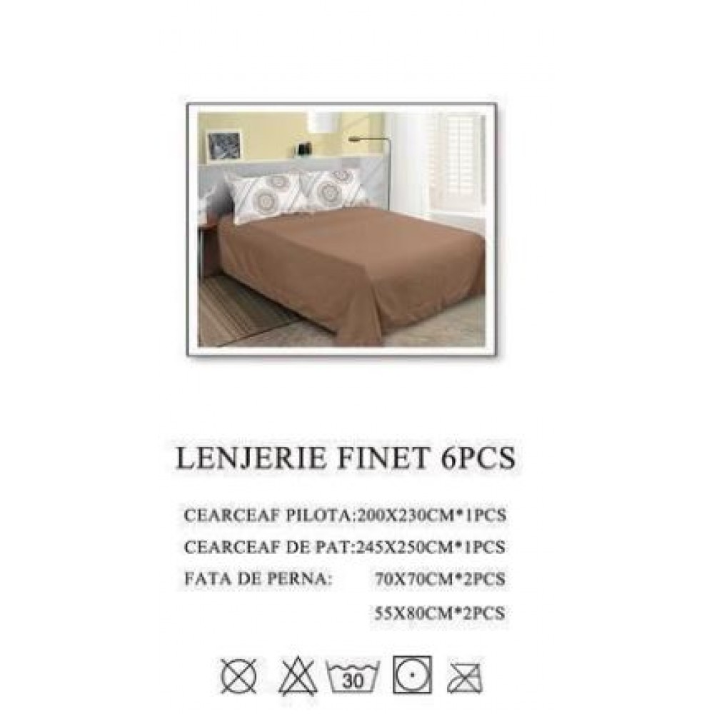 Set Lenjerie Eleganta pentru pat dublu din Bumbac Finet compus din 6 piese, Cearceaf de pat 245x250cm, PW-980