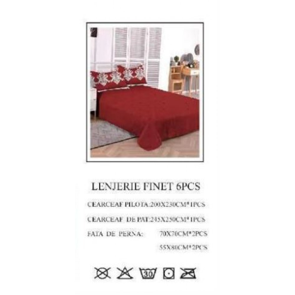 Set Lenjerie Eleganta pentru pat dublu din Bumbac Finet compus din 6 piese, Cearceaf de pat 245x250cm, PW-730
