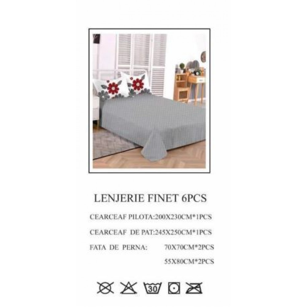 Set Lenjerie Eleganta pentru pat dublu din Bumbac Finet compus din 6 piese, Cearceaf de pat 245x250cm, PW-746