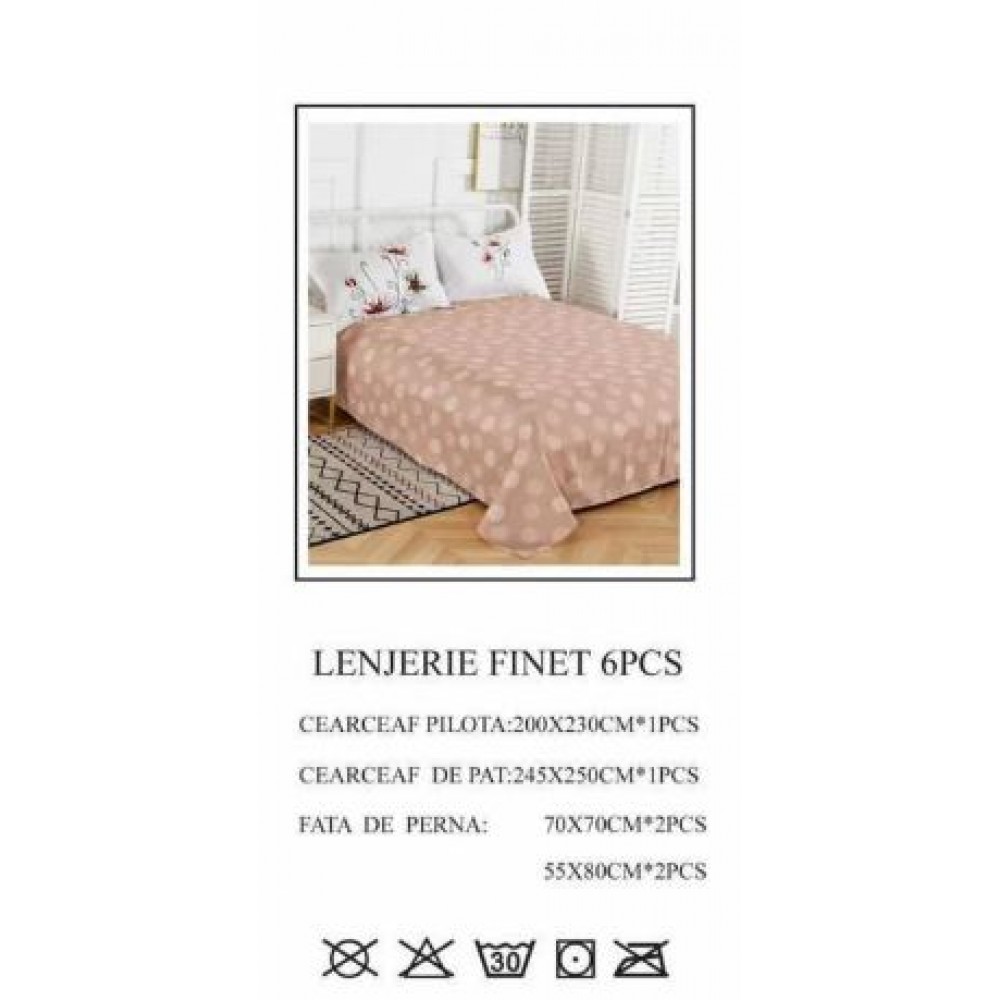 Set Lenjerie Eleganta pentru pat dublu din Bumbac Finet compus din 6 piese, Cearceaf de pat 245x250cm, PW-666
