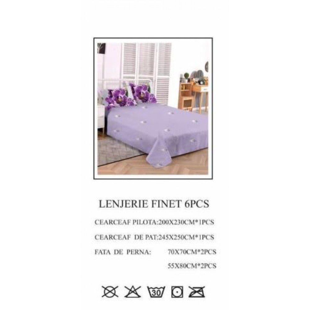 Set Lenjerie Eleganta pentru pat dublu din Bumbac Finet compus din 6 piese, Cearceaf de pat 245x250cm, PW-750