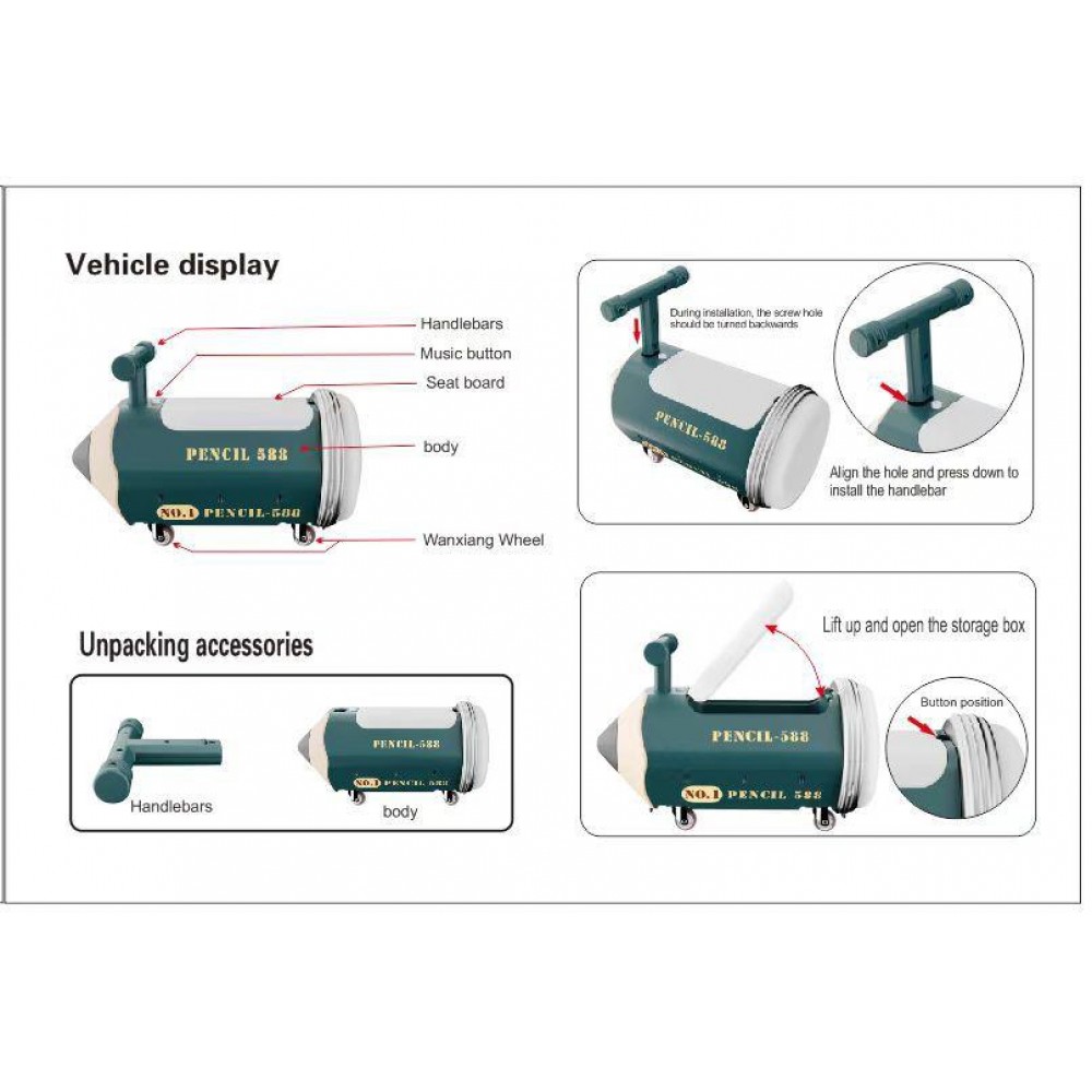 Scooter pentru copii Creion Glisor pe patru roti 1-3 ani, fara pedale, Muzical si lumina, ROZ, SCT-01