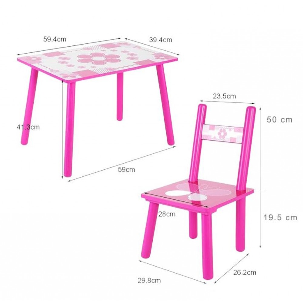 Set masuta lemn cu 2 scaune, 59x39x40 cm, Fluturasi roz, ML-01