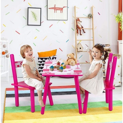 Set masuta lemn cu 2 scaune, 59x39x40 cm, Fluturasi roz, ML-01