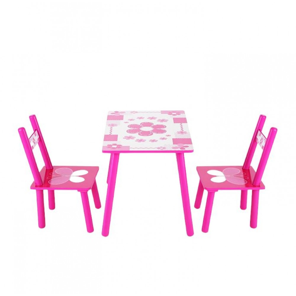 Set masuta lemn cu 2 scaune, 59x39x40 cm, Fluturasi roz, ML-01