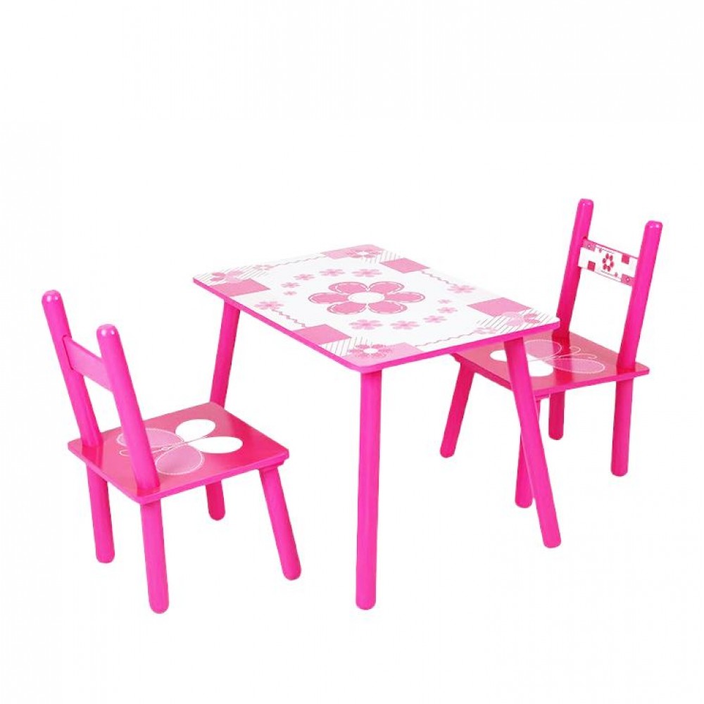 Set masuta lemn cu 2 scaune, 59x39x40 cm, Fluturasi roz, ML-01