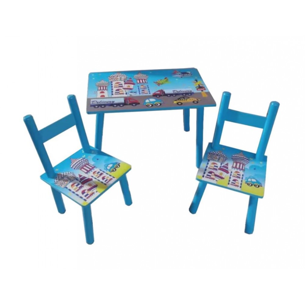 Set masuta lemn cu 2 scaune, 59x39x40 cm, Albastru, ML-03