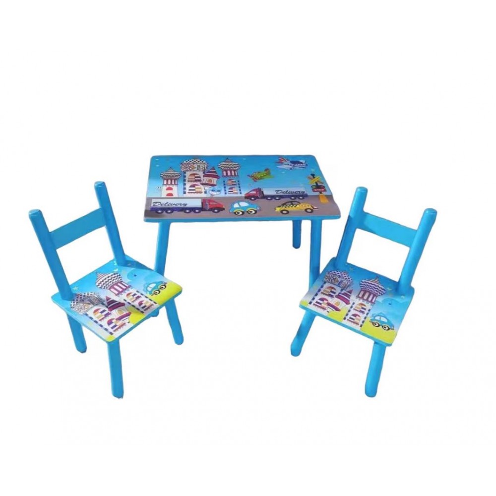 Set masuta lemn cu 2 scaune, 59x39x40 cm, Albastru, ML-03